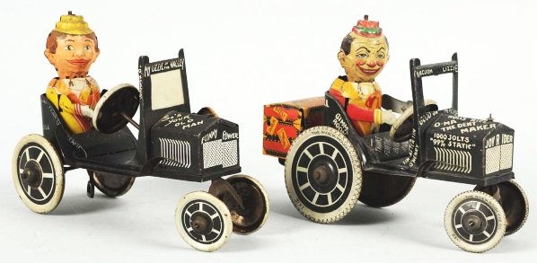 Lot of 2: Tin Litho Marx Whoopee Car Toys.: American. Both with 1920s phrases written on sides. Some scratching and fading throughout. Condition (Good - Very Good). Size Largest: 7" L.