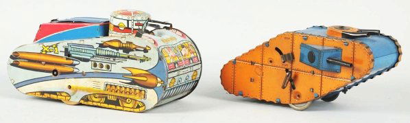 Lot of 2: Tin Litho Marx Pop-Up Tank Wind-Up Toys: American. Working. Includes one early World War I-type Doughboy and one Rex Mars Planet Patrol Space Tank. Some scratching and wear overall, especially to Space Tank. Condition (Very Good). Size Large