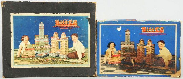 Lot of 2: Bilt-Ez Toy Construction Kits.: Tin erector-type pieces. Includes Set No. 0 and Set No. B. Includes both original boxes with some water damage. Condition (Very Good). Size Largest box: 9 - 1/4" x 11 - 1/4".