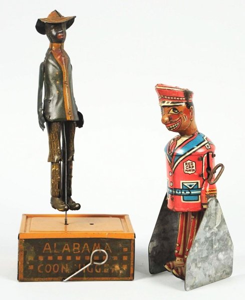 Lot of 2: Tin Litho African American Wind-Up Toys: American. Working. Includes one Strauss Tombo Roof Dancer toy and one Marx Red Cap Porter toy with replacement metal luggage. Condition (Good). Size Largest: 10 - 3/4" T.