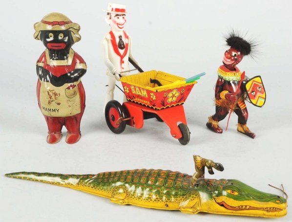 Lot of 4: Tin Litho African-American Themed Toys.: Wind-up mechanisms are working. Includes Japanese Pango-Pango Native Dancer with replacement spear and hair, Chein Native Riding Alligator, Lindstrom Sweeping Mammy, and Marx Sam the Gardener with pla