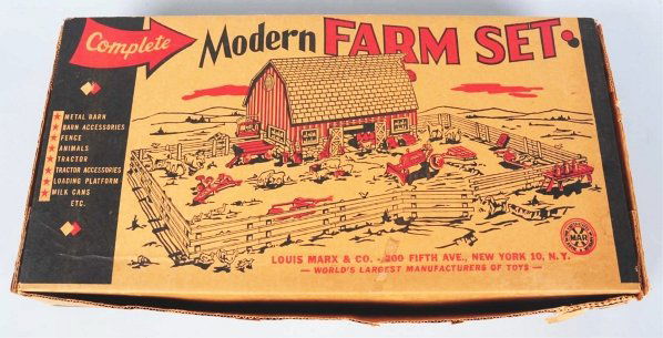 Marx Modern Farm Playset.: American. Set appears to be complete with assembly sheet, cardboard inserts, and original accessory bags. Also includes a tractor, farm implements, animals, a metal barn with silo, and other items. Or