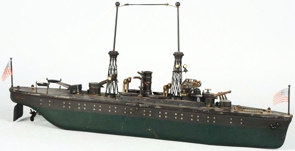 Tin Orkin Clockwork Battleship Toy.: American. Deck is a combination of tin and wood. Comes with original guns, flags, and masts. Some paint loss and wear to deck. Condition (Very Good - Excellent). Size 30" L.
