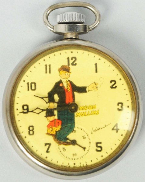 Moon Mullins Character Pocket Watch.: Circa 1930s. Made by Ingersoll. Very rare pocket watch is working. This is one of the first comic character pocket watches. Watch art was done by Willard and depicts Moon Mullins and his little pal Ka