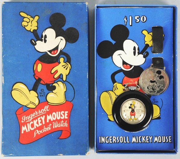 Walt Disney Mickey Mouse Character Lapel Watch.: Circa 1938. Made by Ingersoll. This is probably the rarest of all the Mickey Mouse pocket watches. Watch is working and comes with original fob with embossed Mickey. Back of case with a colorful depic
