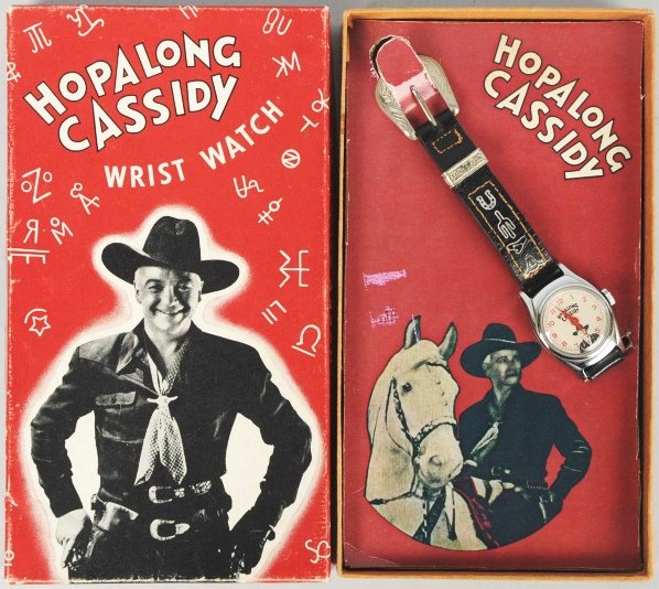 Hopalong Cassidy Western Character Wrist Watch.: Circa 1950. Made by US Time. Working. Band has some overall wear. Includes original box with a picture of William Boyd along with topper and laser-copied insert. Condition (Very Good).