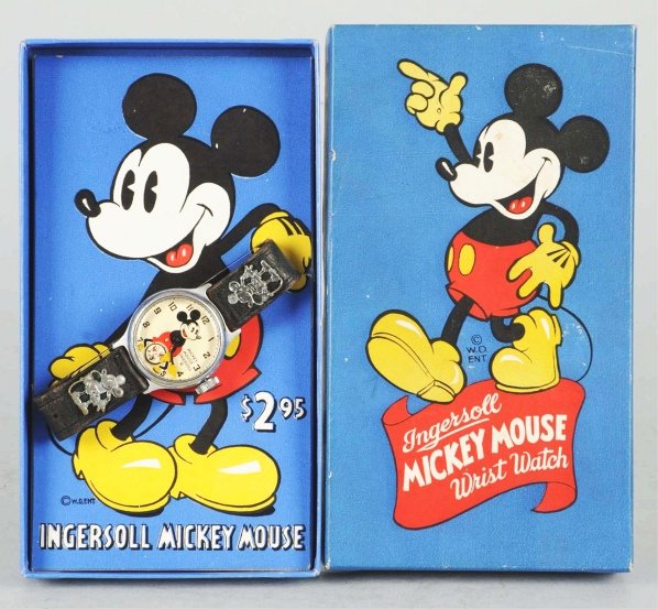 Ingersoll Walt Disney Mickey Mouse Wrist Watch.: American. Watch is running and has the dial with three Mickey's. Includes original box with insert and instruction sheet. Condition (Excellent - Near Mint). Size Box: 7" x 4".