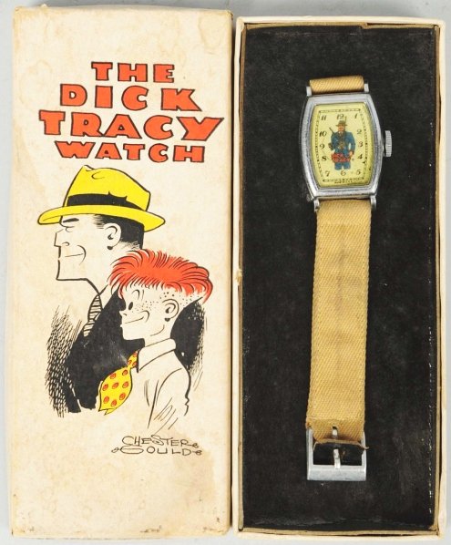 Dick Tracy Character Wrist Watch.: Circa 1935. Made by New Haven Watch Company. Variation with black watch hands and rectangular case. Watch is working properly. Includes original box marked "Chester Gould". Watch band and box both hav