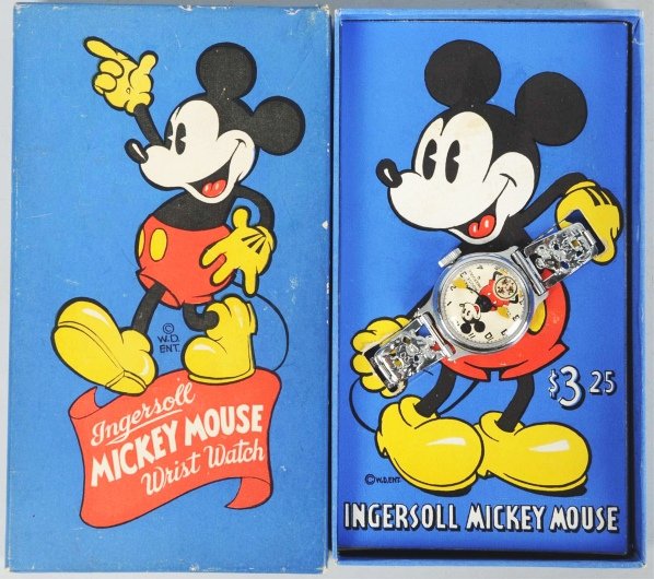 Walt Disney Mickey Mouse Character Wrist Watch.: Circa 1939. Made by Ingersoll. Working. Fancy metal band with embossed Mickey figures. Includes original box and insert with guarantee papers. Reduced price insert ($3.25). Box has some edge wear and
