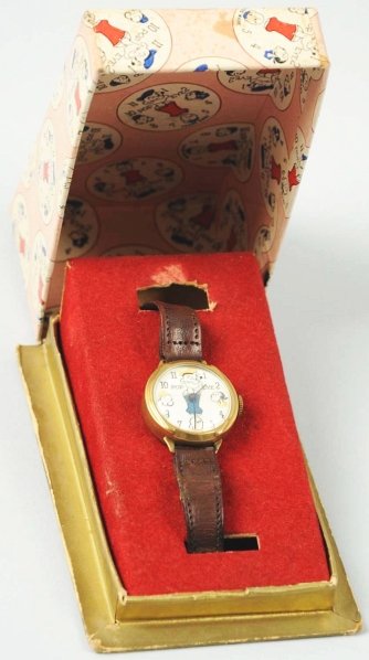 Scarce Popeye Character Wrist Watch.: Dated 1949. Shows Popeye, Olive Oyl, Sweet Pea, and Wimpy on dial. Possibly an unauthorized version. Includes original display box, insert, and guarantee from the American Watch Company of Canada. Thi