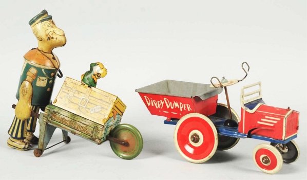Lot of 2: Tin Litho Marx Popeye Wind-Up Toys.: American. Working. Includes one Dippy Dumper missing celluloid figure and one Popeye Express toy with original stationary parrot and missing pipe. Express toy has fading and pitting throughout. Condit