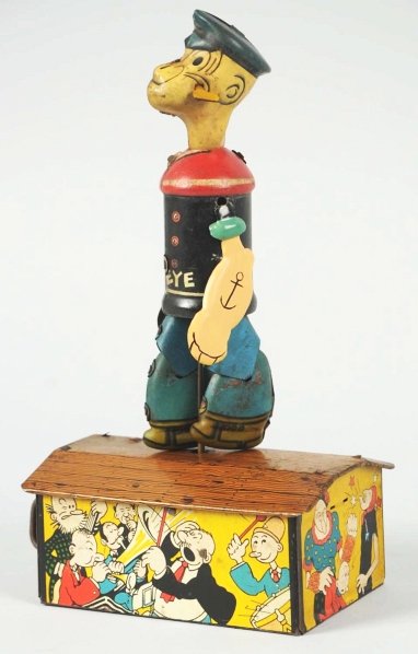 Tin Litho Marx Popeye Roof Dancing Wind-Up Toy.: American. Working. Original pipe but replacement arms. Nice lithographed Popeye characters around base. Condition (Good - Very Good). Size 9 - 1/2" T.