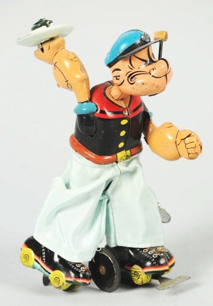 Tin Litho Linemar Popeye Skater Wind-Up Toy.: Japanese. Working. Replacement arm, pants, and pipe. Condition (Good - Very Good). Size 6 - 1/4" T.