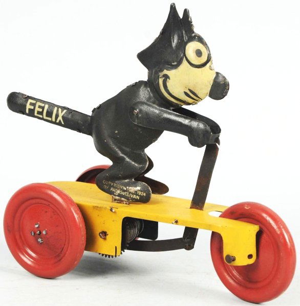 Tin Litho Felix the Cat Scooter Wind-Up Toy.: German. Working. Marked "Copyright 1924 Pat Sullivan" and "SG" on foot for Sam Gunthermann. Areas of repainting on wheels, base, and figure. Condition (Good - Very Good). Size 7" L.