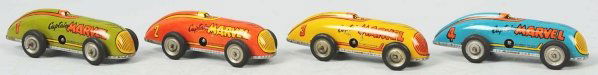 Set of 4 Tin Litho Captain Marvel Race Car Toys.: American. Made by Automatic Toy Company. Wind-up mechanisms are working. Complete set of four cars are marked "1", "2", "3", and "4" and "Copyright 1947 Fawcett Publications Inc.". Beautiful color lit