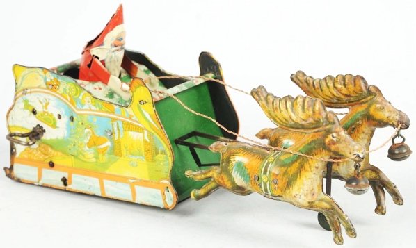 Tin Litho Strauss Santee Claus Wind-Up Toy.: American. Working. Original guide and wheel. Some fading to sides of sleigh and Santa figure has replacement arms and touchup to back. Some oxidation and litho loss to rear of sleigh. Condition (Good