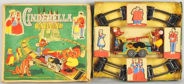 Walt Disney Brimtoy Cinderella Rail Car Toy.: English. Wind-up mechanism is working. Marked "Made in Great Britain". Handcar is tin and figures of Gus and Jaq are composition. Extremely difficult to find in this condition. Includes scarce origina