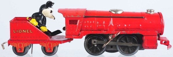 Tin Lionel O-Gauge Mickey Mouse Engine & Tender.: American. Engine is over-wound. Mickey figure in stoker tender is nice. Condition (Very Good).