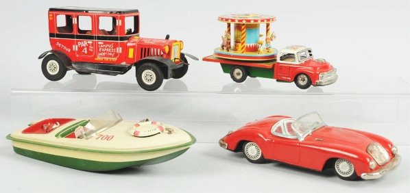 Lot of 4: Tin Litho Vehicle Friction Toys.: Japanese. Working. Includes no. 700 Seagull Boat with original box bottom, one MG automobile, one Linemar Old Jalopy, and one TN Merry-Go-Round Truck. Various conditions. Condition (Very Good). Size L