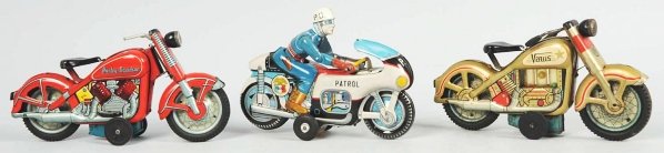 Lot of 3: Tin Litho Motorcycle Friction Toys.: Japanese. Made by TM. Working. Includes one Harley Davidson, one Venus, and one Police Patrol Motorcycle. Various conditions. Condition (Very Good). Size Largest: