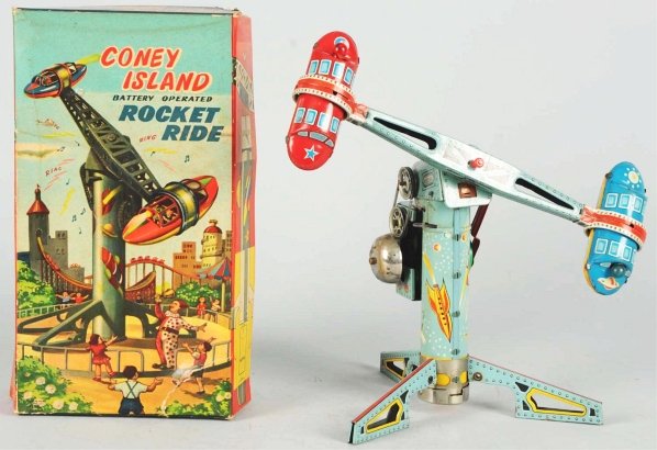 Tin Litho Cony Island Rocket Ride Battery-Op Toy.: Japanese. Working. Toy has oxidation to bare metal parts and some minor scratching. Includes colorful original box with some tearing and creasing. Condition (Very Good). Size 12" T.