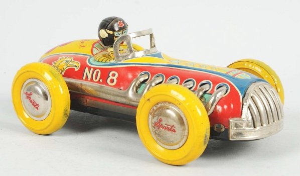 Tin Litho Rocket Race Car Friction Toy.: Japanese. Made by Yonesowa. Working. Car is marked "No. 8". Sports hubcaps with missing rubber tires. Condition (Very Good). Size 11" L.