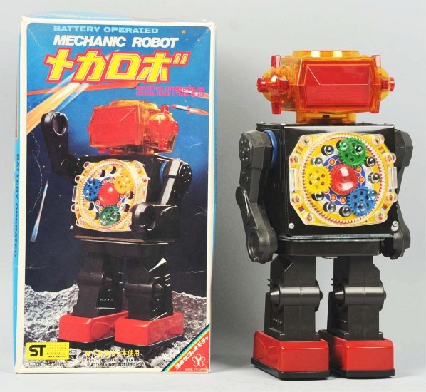 Mechanic Robot Battery-Operated Toy.: Japanese. Made by Yonesowa. Working. This robot was probably only sold in Japan. Interesting gear assembly in chest. Very little wear overall. Includes original box with Japanese writing. Condition (N