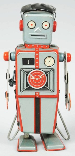 Tin Litho Linemar Easel-Back Wind-Up Robot.: Japanese. Working. Original coil on head. Operated by start/stop lever on side. Minor scratching and edge wear. Condition (Very Good - Excellent). Size 6" T.