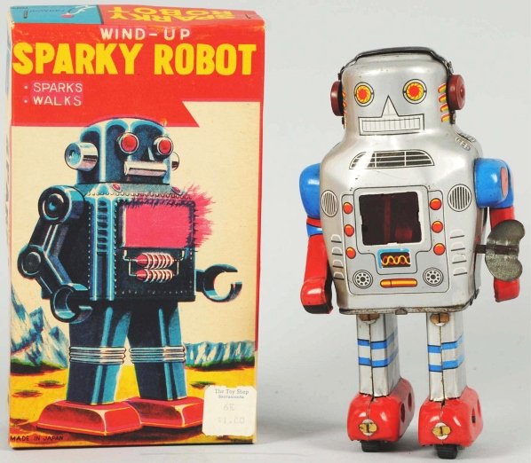 Tin Independent Leg Sparky Robot Wind-Up Toy.: Japanese. Made by SY. Working, still walks and sparks. Scarce robot with hard-to-find original box and $1.00 price sticker on lid. Only some minor scratching and wear. Condition (Very Good - Excellent