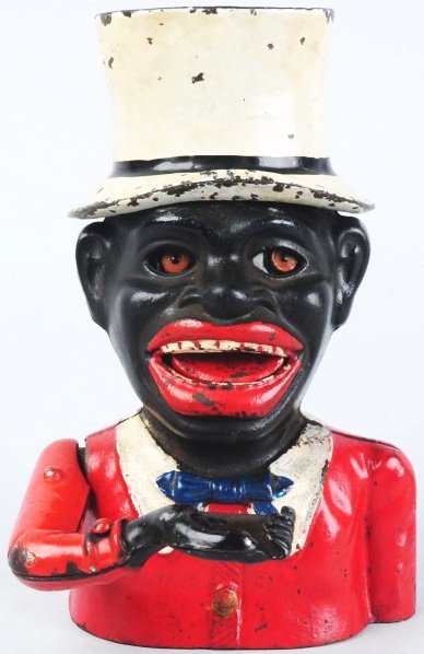 Cast Iron Jolly with Top Hat Mechanical Bank.: English. Manufactured by John Harper. Working. Unusual key-lock trap with key. Condition (Excellent Plus - Near Mint). Size 8 - 1/4" T.