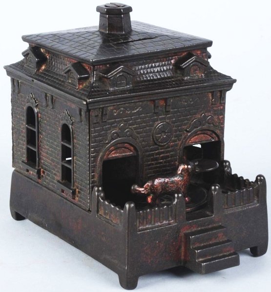 Cast Iron Dog on Turntable Mechanical Bank.: Manufactured by Judd Mfg. Company. Working. Copper wash variation. Condition (Excellent). Size 5 - 1/2" L.