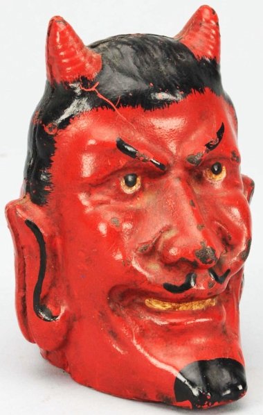 Cast Iron Two-Face Devil Still Bank.: Manufactured by A.C. Williams. Early repaint. Condition (Repainted). Size 4 - 1/4" T.