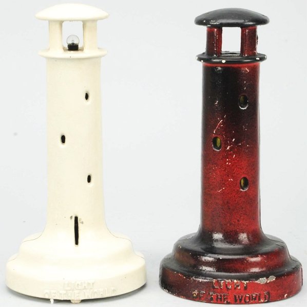 Lot of 2: Lighthouse Still Banks.: Includes one cast iron doorstop/bank circa 1920s to 1930s. This bank is painted maroon and black over cream with yellow paper behind the windows. Also includes one aluminum mechanical bank, circa 1939