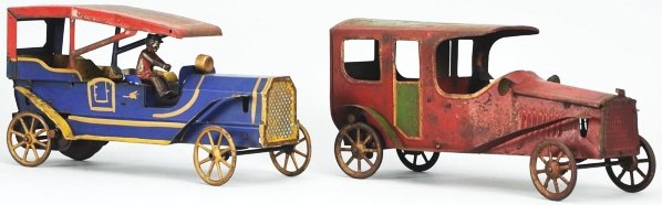 Lot of 2: Pressed Steel Hill Climber Car Toys.: American. Probably Converse. Friction mechanisms are working. Includes one auto with original tin driver and one auto with original cast iron driver but not to this specific toy. One car is nicely ste