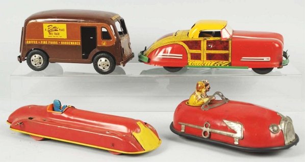 Lot of 4: Tin & Pressed Steel Vehicle Toys.: American and Canadian. Includes Lincoln Race Car, Buffalo Toys Skeeter Bug, Wyandotte Station Wagon, and Banner Jewel Tea Truck. Various conditions. Condition (Very Good). Size Largest: 12 - 1/2" L.