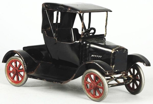 Pressed Steel Buddy L Flivver Auto Toy.: American. Partial decal on bottom with some paint loss and wear to fenders and roof. Also, minor overpaint to front frame and grille and one spot of paint loss to back of cab. Condition (Very Good). S