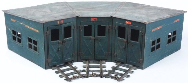 Pressed Steel Buddy L Roundhouse Section & Track.: American. Decals above doors are marked "BL-12", "BL-13", and "BL-14". Includes three straight pieces of track, 17 curved pieces of track, and one switch. Side decals on roundhouse are faded and chipp