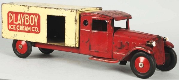 Pressed Steel Steelcraft Playboy Ice Cream Truck.: Scarce truck with nice decals in rear. Electric headlights. Some scratching and paint loss throughout, especially on roof, fenders, and hood. Condition (Good - Very Good). Size 21 - 1/2" L.