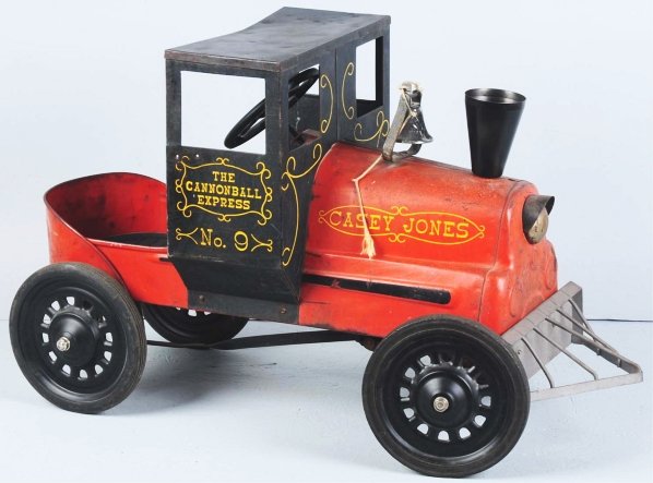 Pressed Steel Casey Jones Train Engine Pedal Car.: American. Marked "Casey Jones The Cannonball Express No. 9". Appears to be all original includes cowcatcher and bell. Some slight denting to roof and some scratching and paint loss throughout. Conditi