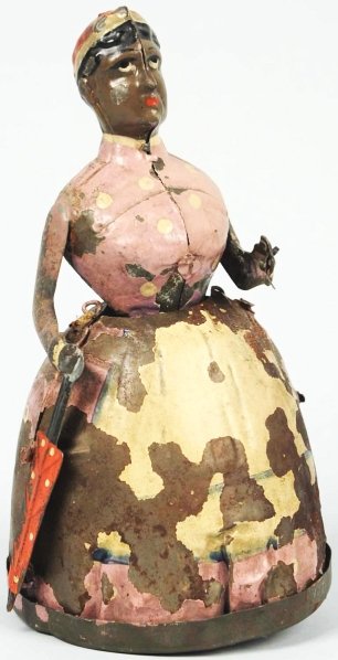Hand-Painted Tin Aunt Jemima Wind-Up Toy.: German. Working. Includes original umbrella in right hand but is missing the wicker basket for the left hand. Significant paint loss to lower section. Condition (Good - Very Good). Size 6 - 1/2" T.