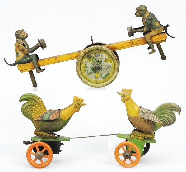 Lot of 2: Tin Litho Animal Wind-Up Toys.: German. Includes one rooster fighting toy and one monkey see-saw toy missing flag in the middle. Monkey toy has some fading, litho loss, and oxidation. Condition (Good - Very Good). Size Largest: 10" 