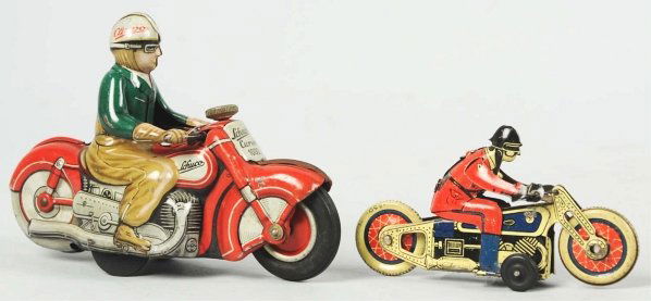Lot of 2: Vintage Tin Foreign Motorcycle Toys.: Includes one German Schuco wind-up Curvo 1000 and one Spanish penny toy-size cycle. Some scratching and wear to both toys. Condition (Very Good). Size Largest: 5 - 1/4" L.