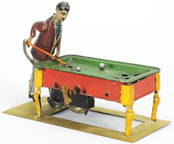 Tin Litho Pool Player Wind-Up Toy.: German. Working. Replaced pool stick and some scratching and wear overall. Someone has made a base and attached it to the bottom of the toy. Condition (Very Good). Size 6 - 1/2" L.