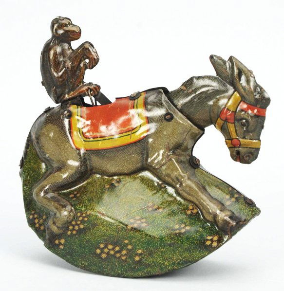 Tin Litho Tippco Monkey Riding Donkey Wind-Up Toy: German. Working. When wound, monkey rides back and forth as donkey's head moves up and down. Very nice lithography and very little wear. Condition (Very Good - Excellent). Size 5 - 1/2" T.