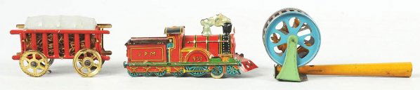 Lot of 3: Tin Litho Penny Toys.: German. Includes one combination train engine and tender marked "JPM 950", one squirrel in cage blow toy, and one hay cart. Some scratching and wear overall. Condition (Very Good). Size Largest: 4 - 1