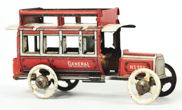 Tin Litho General Bus Penny Toy.: German. Double decker bus has separate litho driver and is marked "General" on both sides and "Made in Germany" on front. Some scratching and wear overall. Condition (Very Good). Size 3 - 1/2" L.