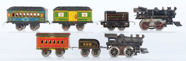 Lot of 2: Clockwork Train Sets.: American. Includes "The Hummer" set with one clockwork steam engine, one tender marked "328", and one no. 500 Pennsylvania Lines coach car. Also includes an American Flyer Empire Express set with cloc