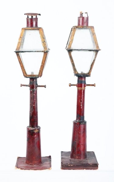 Lot of 2: Salesman Sample Gas Street Lanterns.: Attributed to Jacob Long of Reading, PA in 1824. Made of tin and wood and has beveled glass globes. Each one is missing one piece of glass, one has a piece that is cracked, and top finial is missing f
