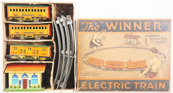 Winner O-Gauge Electric Passenger Train Set.: Tinplate. Includes no. 1010 electric style engine and two no. 1011 pullman passenger cars. Also includes one small tin house (missing transformer) and eight pieces of original track. Engine frame need