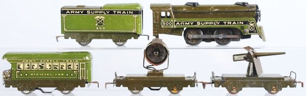 Tin Marx Wind-Up Army Supply Train.: American. Includes engine, tender, searchlight car (missing lens), Howitzer car, and official car caboose. Some scratching and wear throughout. Condition (Very Good).